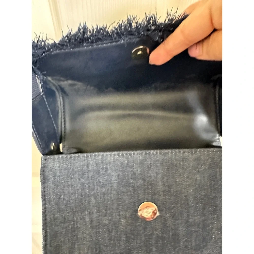 Charles & Keith Denim Crossbody Bag Dark Wash Frayed Fringe Faux Leather Trim